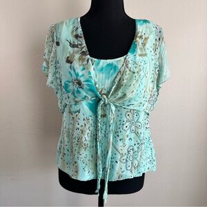 Separates NYC 100% Silk Sheer Floral Tie Front Blouse Medium Aqua Blue Fairycore